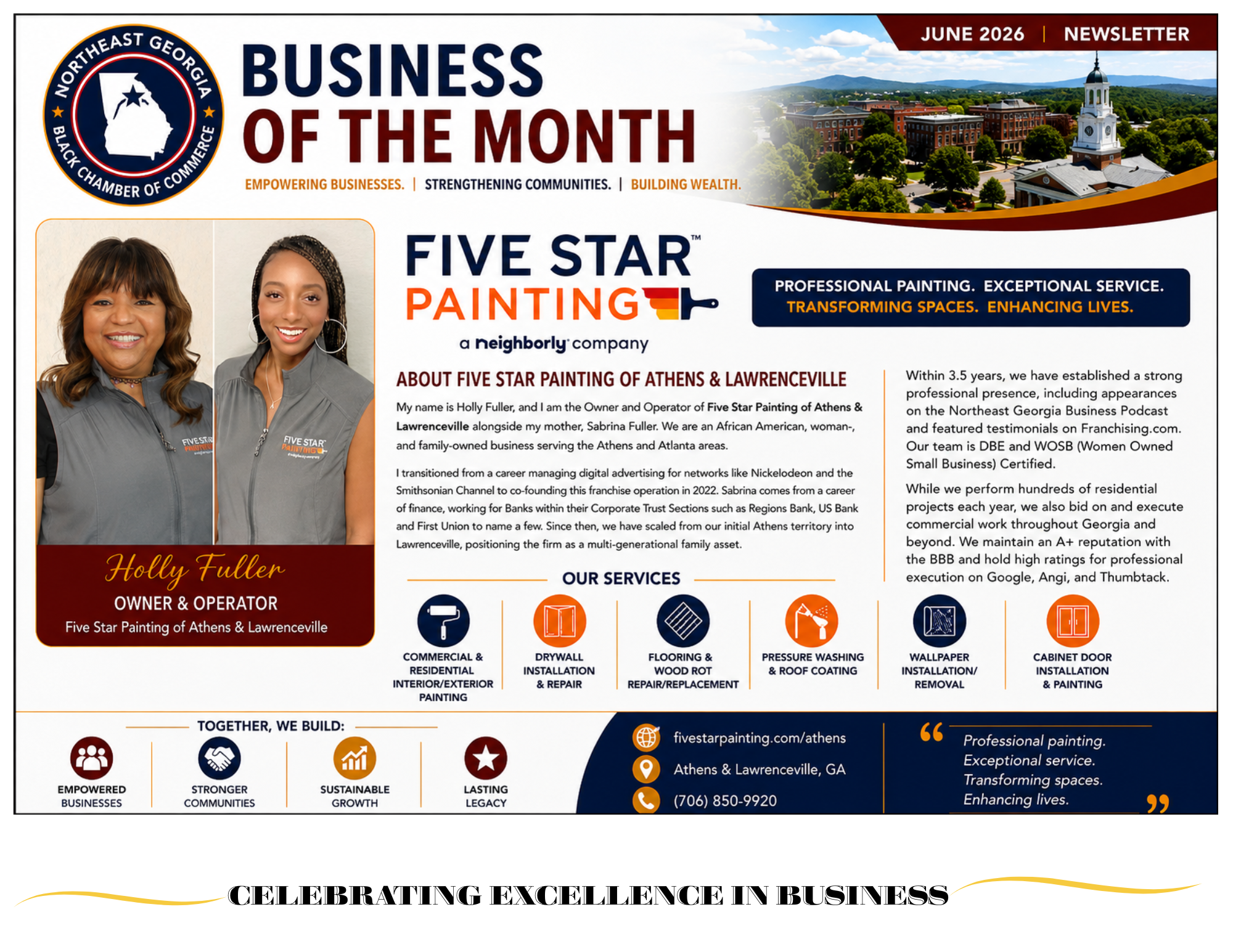NEGABCC June 2026 Business of the Month feature for Five Star Painting of Athens