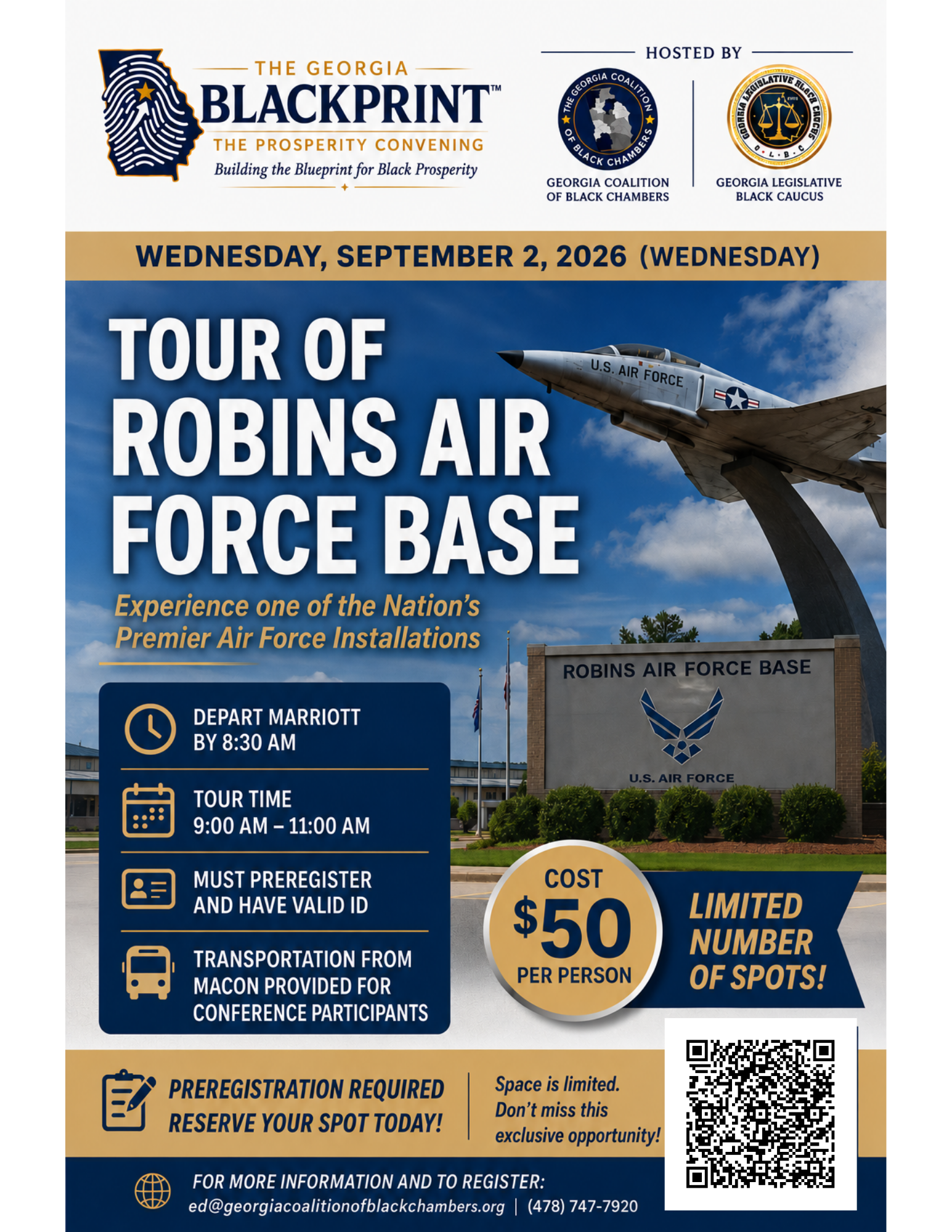 Tour of Robins Air Force Base flyer for Wednesday, September 2, 2026